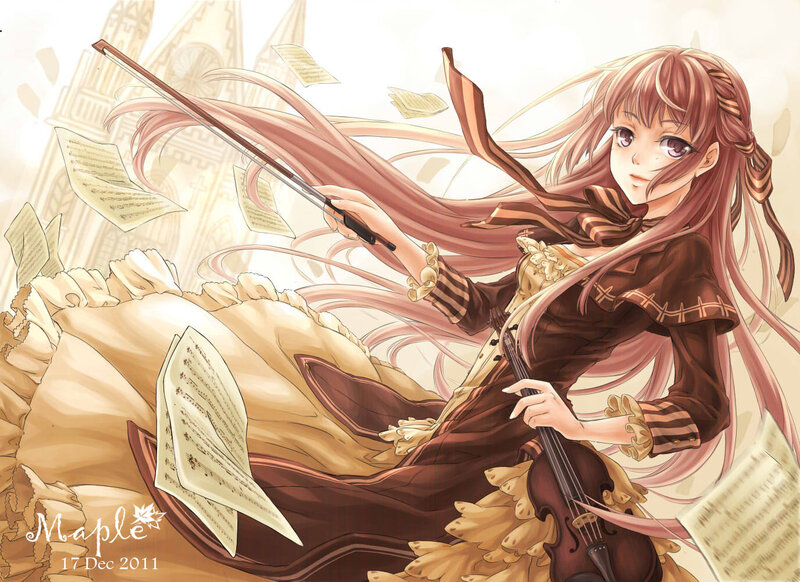 Anime Girl Playing Violin — Brown, Dramatic