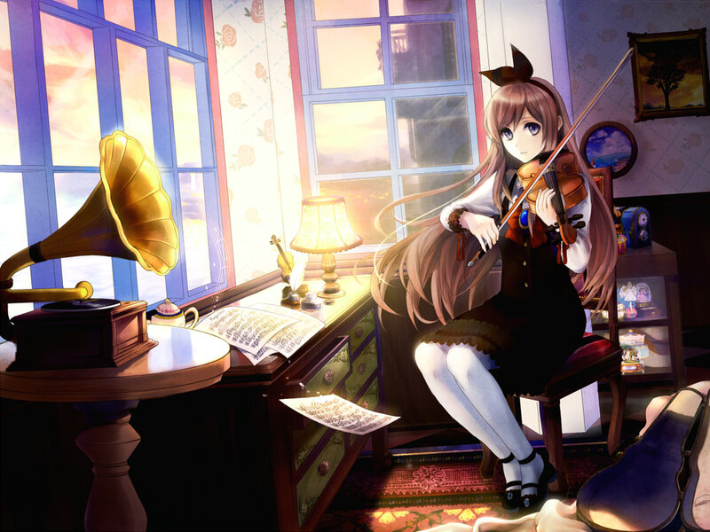 Anime Girl Playing Violin — Brown, Serene