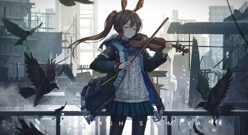 Anime Girl Playing Violin — Gray, Dramatic, Night