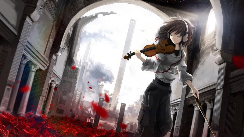 Anime Girl Playing Violin — Gray, Dramatic