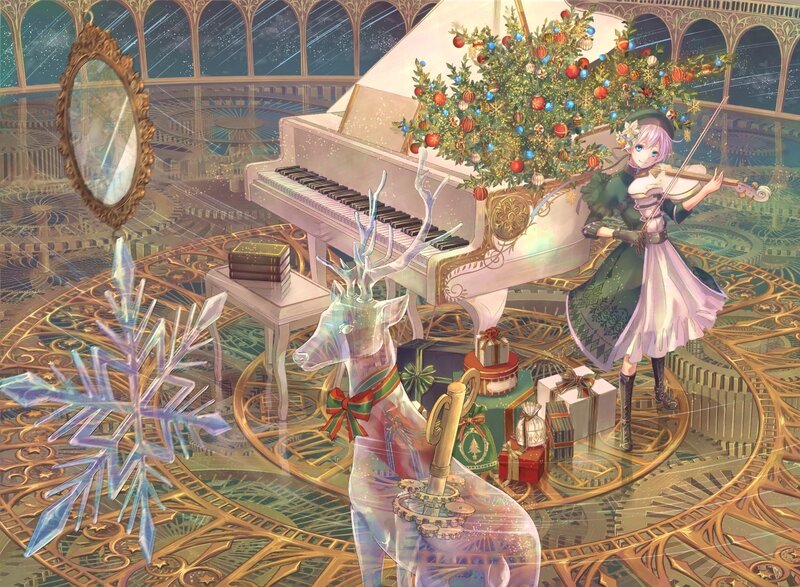 Anime Girl Playing Violin — Green, Festive