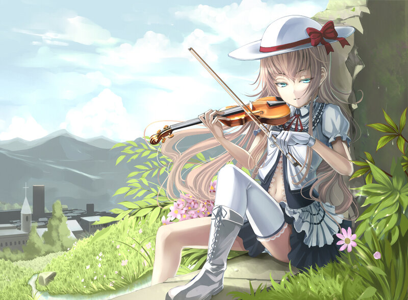 Anime Girl Playing Violin — Green