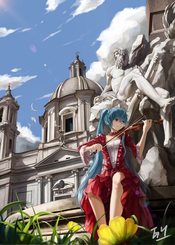 Anime girl playing violin in Rome