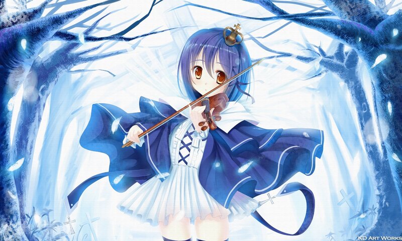 anime girl playing violin in winter