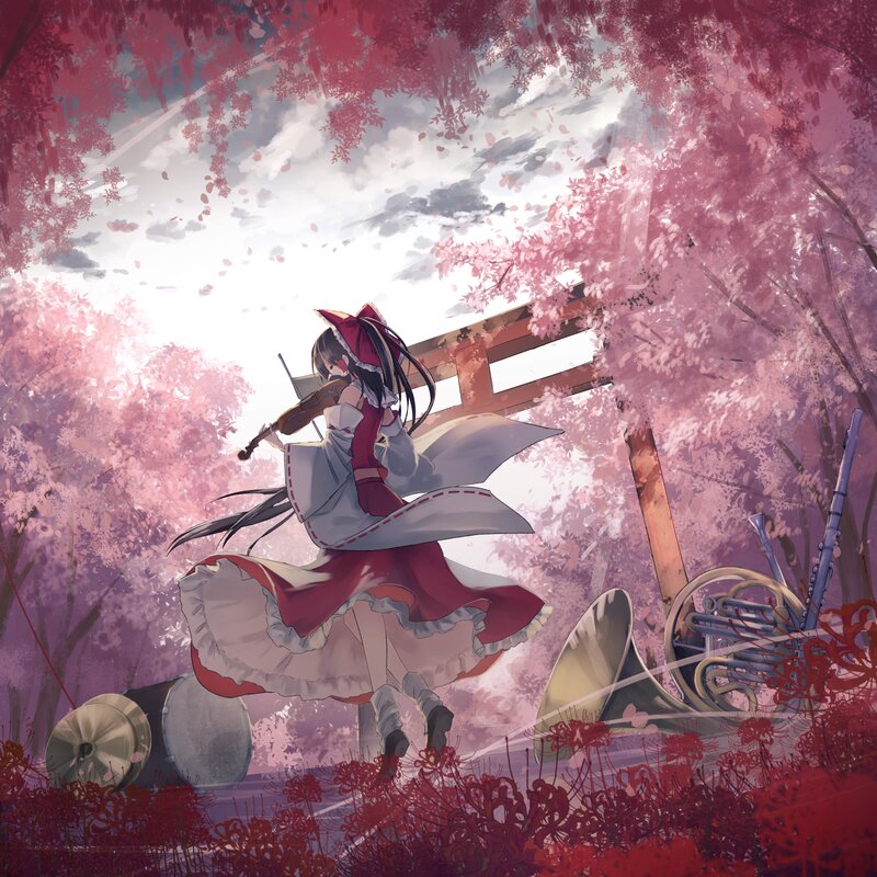 Anime Girl Playing Violin — Pink, Serene, Spring, Digital Art, Cherry Blossoms