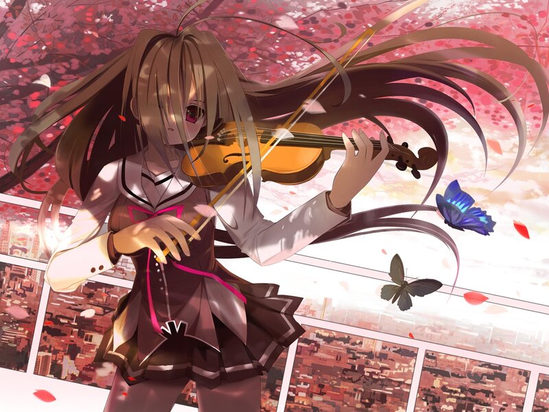 Anime Girl Playing Violin — Pink, Serene, Spring