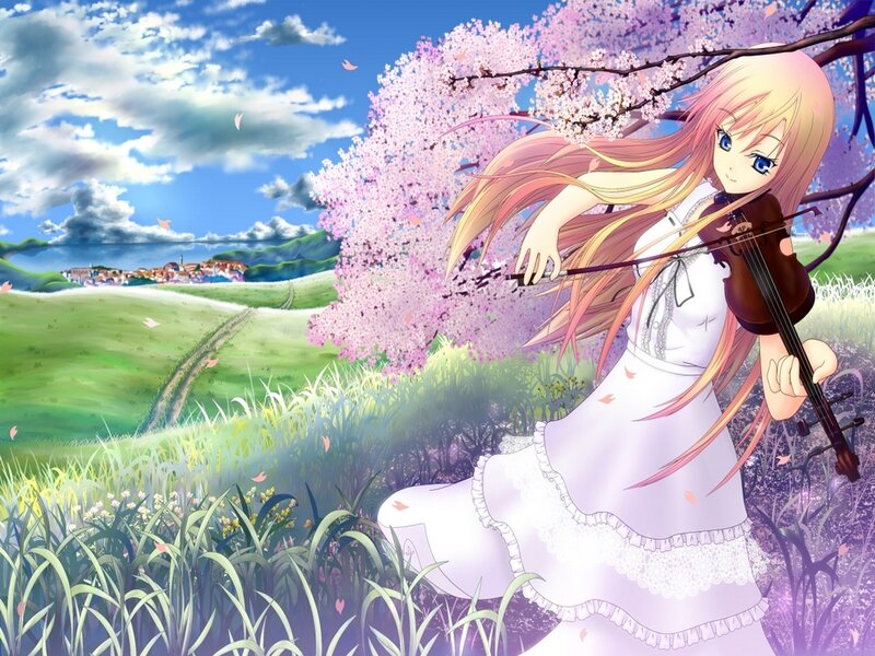 Anime Girl Playing Violin — Pink, Serene