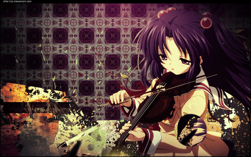 Anime Girl Playing Violin — Purple, Dramatic, School Uniform