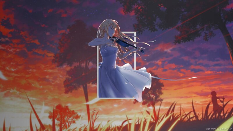 Anime Girl Playing Violin — Purple, Dramatic, Sunset, Digital Art