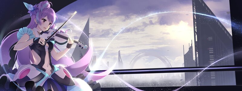 Anime Girl Playing Violin — Purple, Dramatic, Sunset