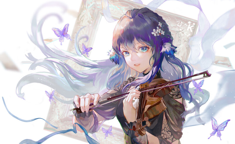 Anime Girl Playing Violin — Purple, Serene, Digital Art
