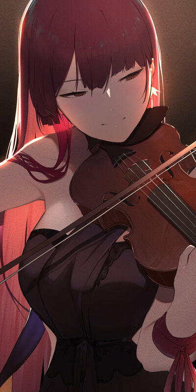 Anime Girl Playing Violin — Red, Dramatic, Digital Art, Bow