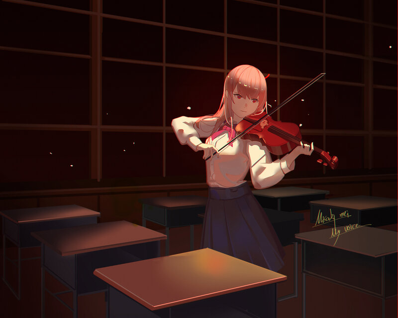Anime Girl Playing Violin — Red, Dramatic, Night