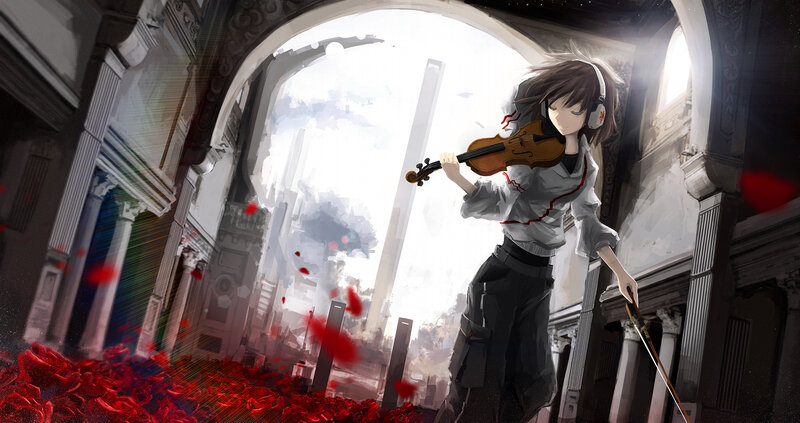 Anime Girl Playing Violin — Red