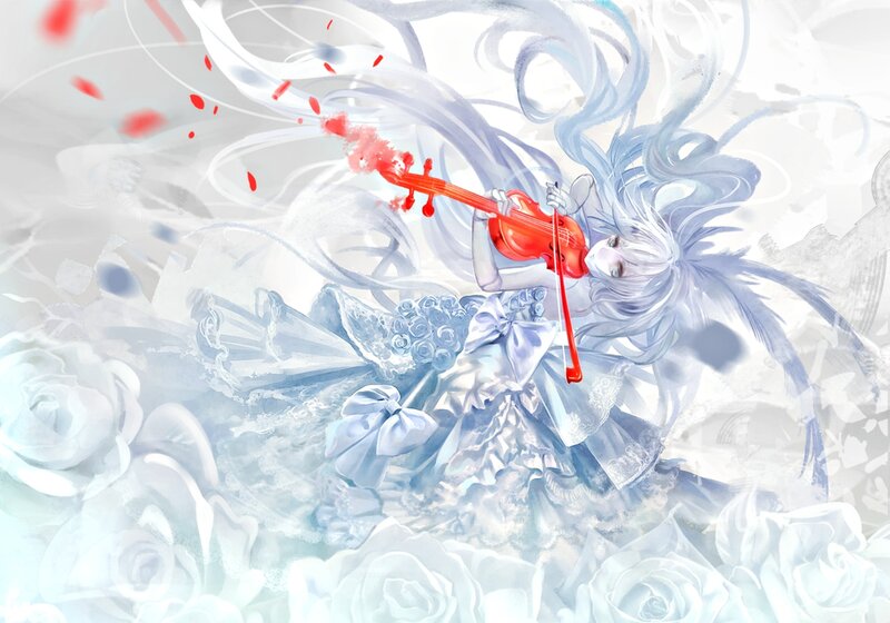 Anime Girl Playing Violin — White, Dramatic, Digital Art, Roses, Long Hair