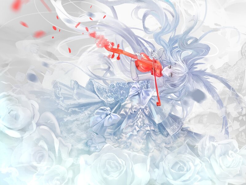 Anime Girl Playing Violin — White, Dramatic, Digital Art, Roses