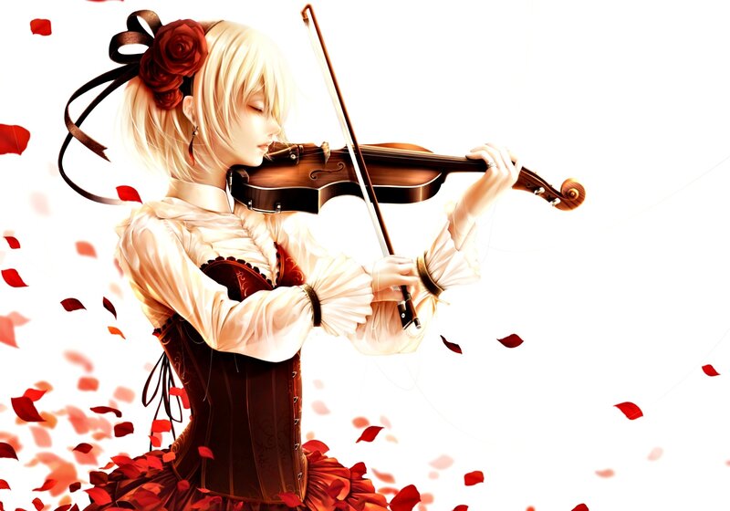 Anime Girl Playing Violin — White, Serene, Digital Art, Rose Petals
