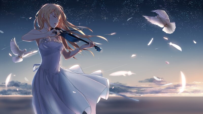 Anime Girl Playing Violin — White, Serene, Night