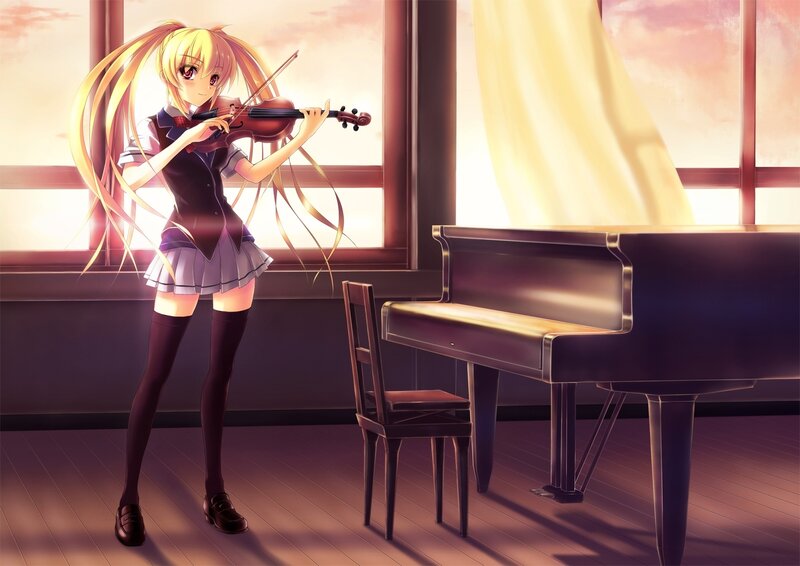 Anime Girl Playing Violin — Yellow, Serene, Sunset