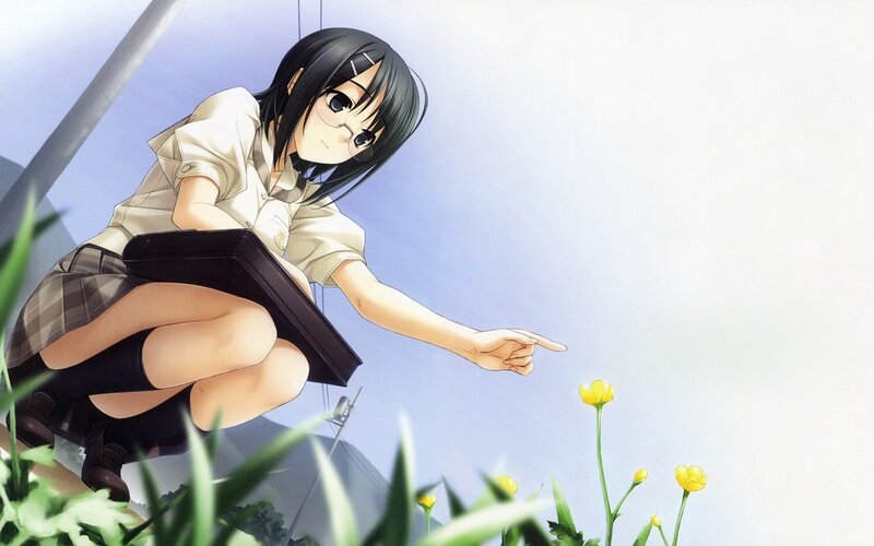 anime girl pointing at flowers