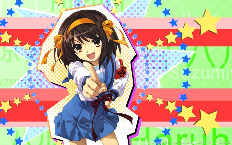 Anime Girl Pointing — Blue, Cheerful, Stars