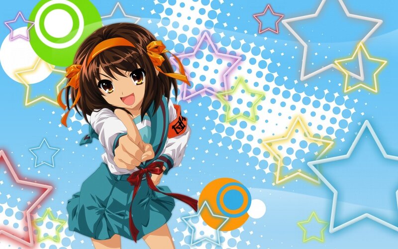 Anime Girl Pointing — Blue, Cheerful