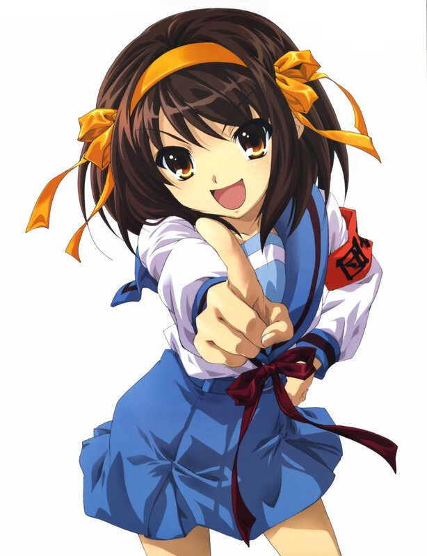 Anime Girl Pointing — Blue, Energetic, School Uniform, Yellow Ribbons