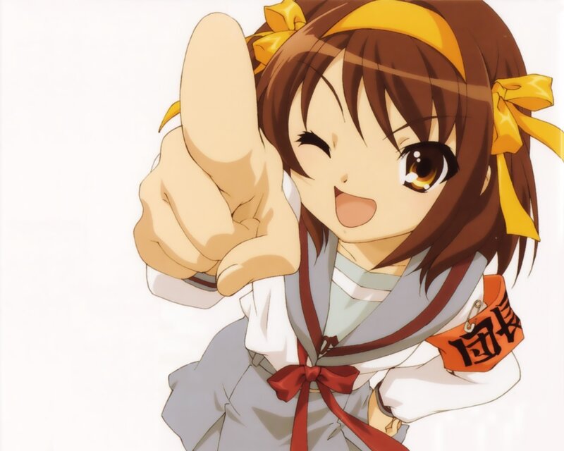 Anime Girl Pointing — Brown, Cheerful