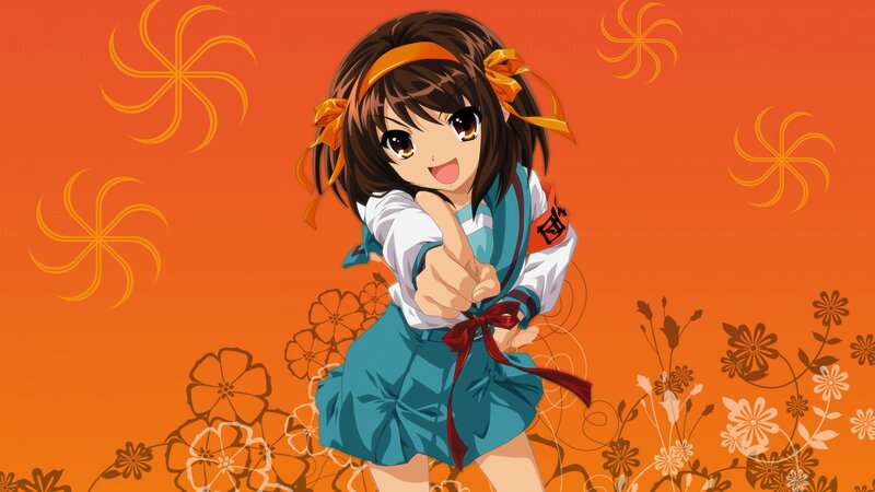 Anime Girl Pointing — Orange, Energetic, Ribbon