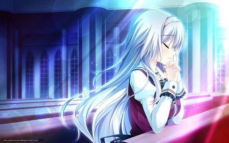 Anime Girl Praying — Blue, Serene