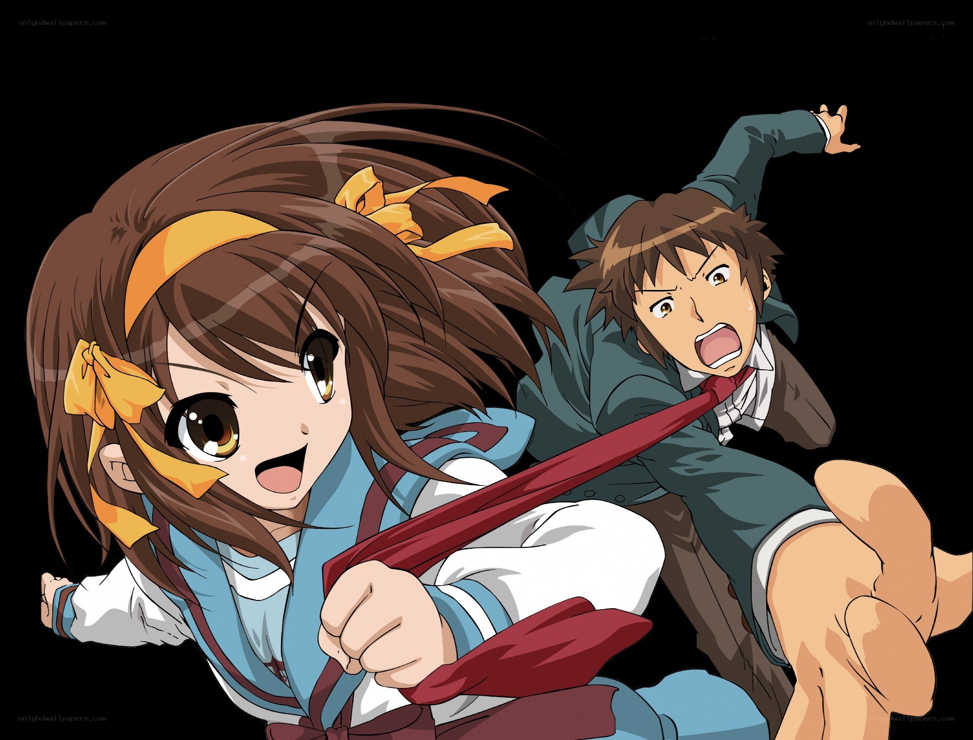 anime girl pulling boy's tie