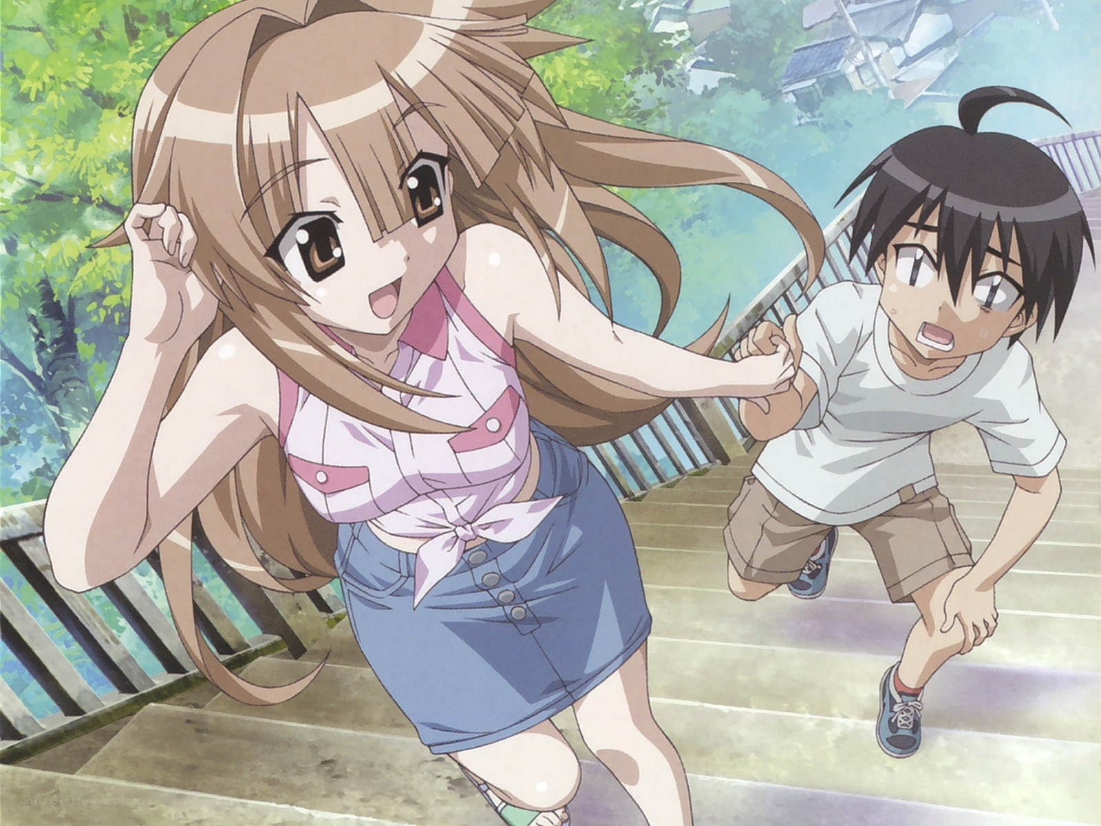 anime girl pulling boy up stairs