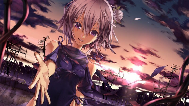 anime girl reaching out at sunset