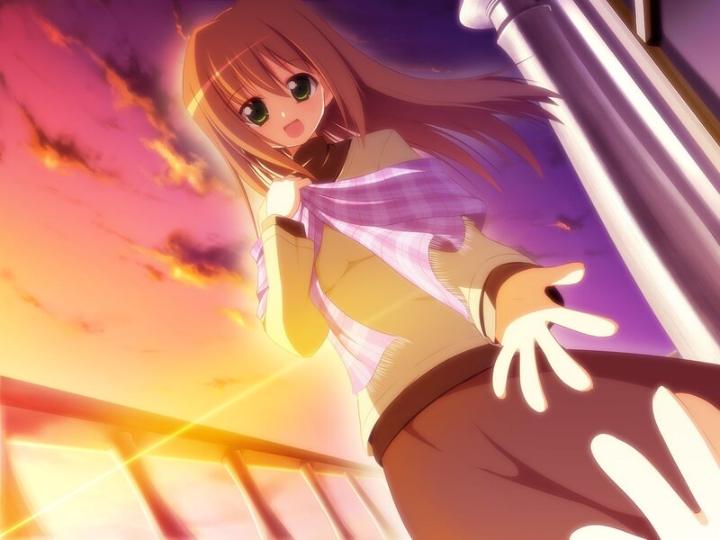 Anime girl reaching out at sunset