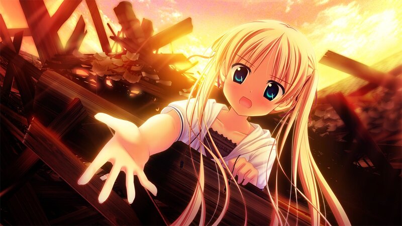 Anime girl reaching out in ruins