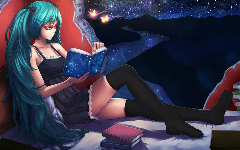 Anime girl reading at night
