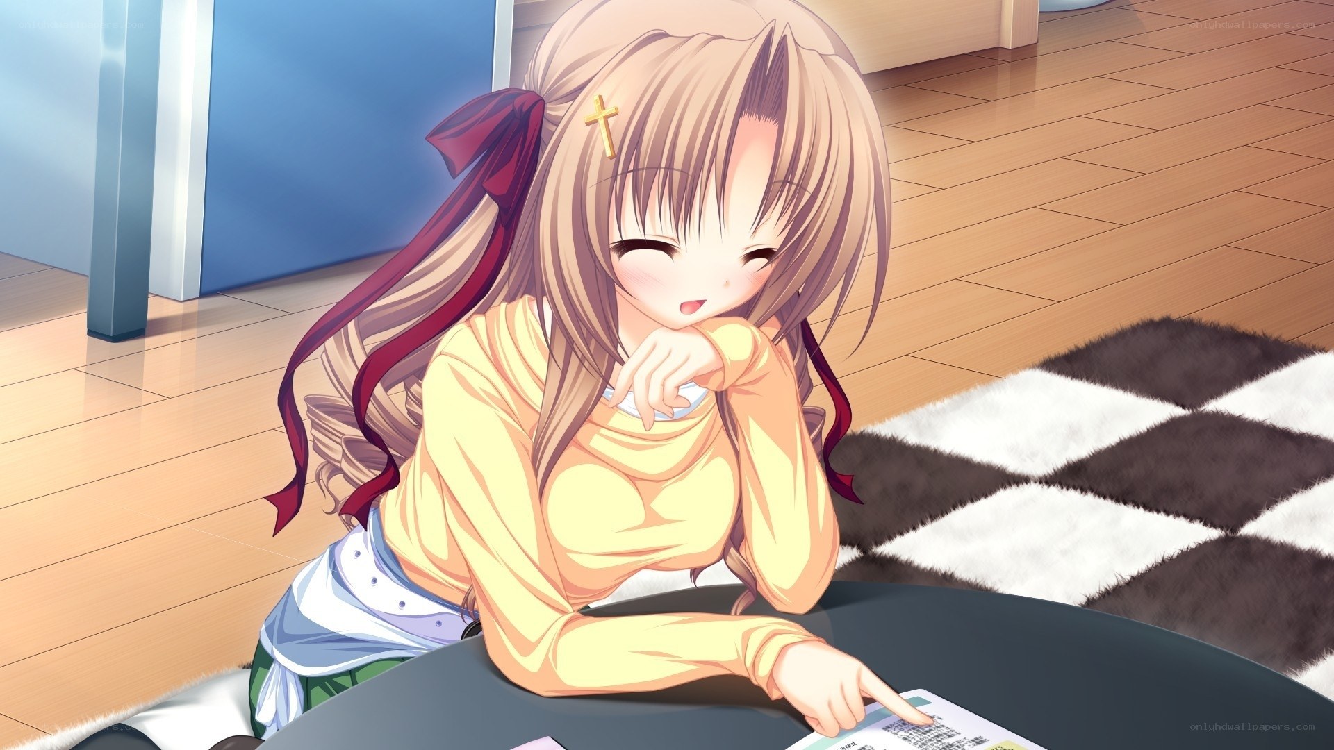 anime girl reading at table