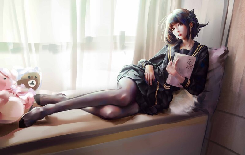 Anime Girl Reading Book — Black, Calm, Afternoon, Digital Art