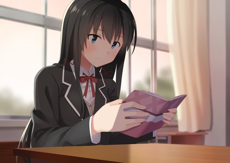 Anime Girl Reading Book — Black, Calm, Afternoon, School Uniform