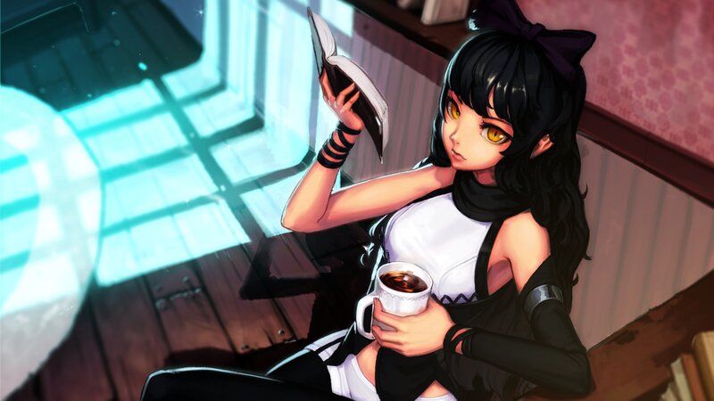 Anime Girl Reading Book — Black, Calm, Digital Art, Coffee Cup