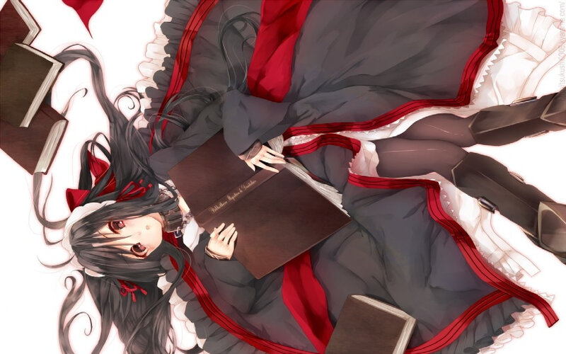 Anime Girl Reading Book — Black, Calm, Dress
