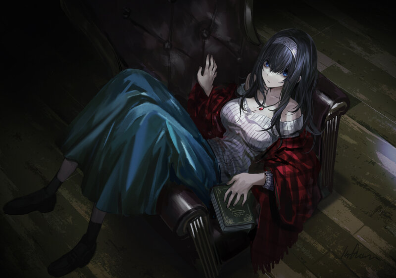 Anime Girl Reading Book — Black, Dramatic, Night, Digital Art, Armchair