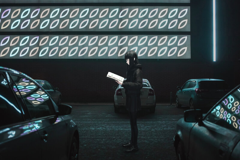 Anime Girl Reading Book — Black, Dramatic, Night, Digital Art, Car