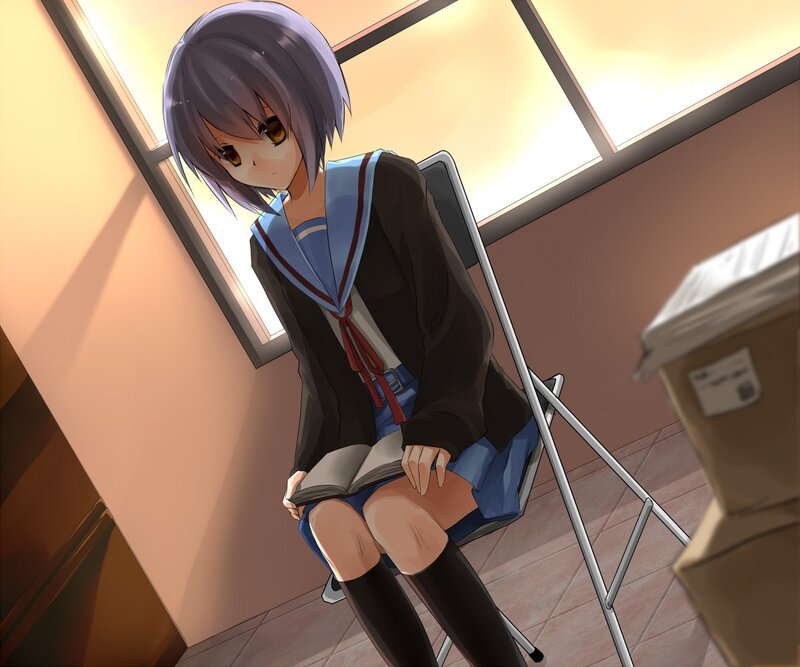 Anime Girl Reading Book — Blue, Calm, Afternoon, Chair