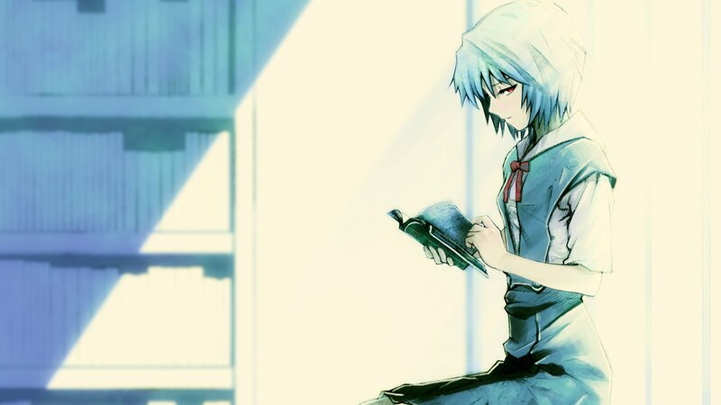 Anime Girl Reading Book — Blue, Calm, Afternoon, Shelf, Window, White