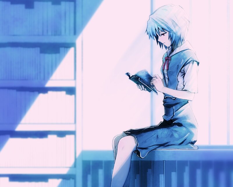 Anime Girl Reading Book — Blue, Calm, Digital Art, Bookshelf