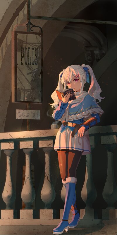 Anime Girl Reading Book — Blue, Calm, Night, Digital Art, Balcony