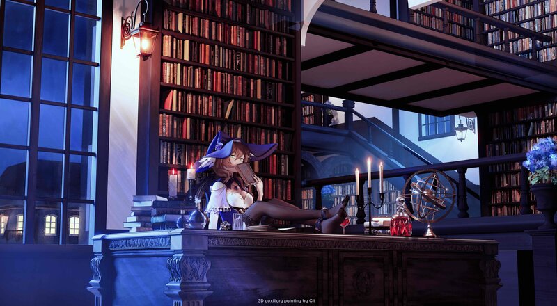 Anime Girl Reading Book — Blue, Calm, Night, Digital Art, Bookshelf