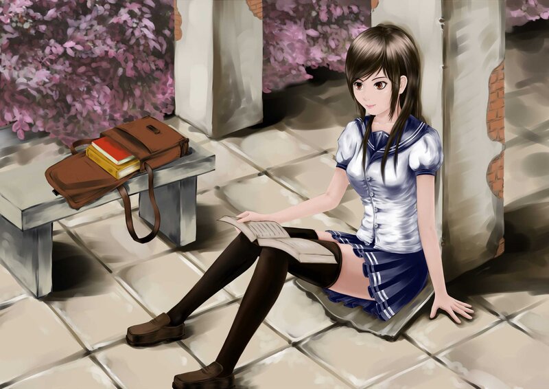 Anime Girl Reading Book — Blue, Calm, Spring