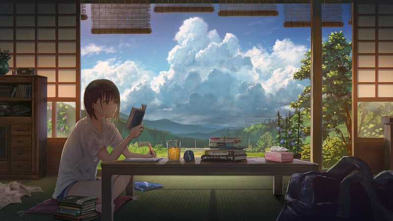 Anime Girl Reading Book — Blue, Serene, Afternoon, Digital Art, Table, Mountains